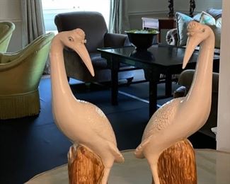 Pair of Chinese Export Porcelain Crane Figurines. Measures 16" H.