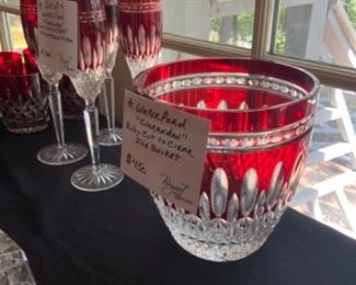 Rare Waterford “Clarendon” red cut ot clear Ice/Champagne bucket.        $450.                                                                                                Set of 4 Waterford “Clarendon” red cut to clear Champagne flutes                  $300 set 