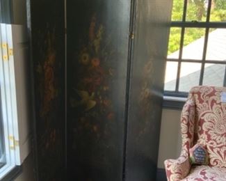 Antique 3 panel painted leather screen.  $750