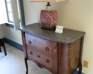 Antique French marquetry marble top commode.  $1,500