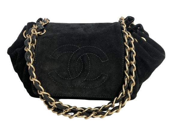 VTG CHANEL BLACK SUEDE ACCORDION FLAP BAG