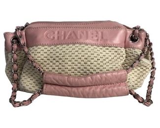 VTG CHANEL BEIGE/PINK CANVAS LAX ACCORDION BAG