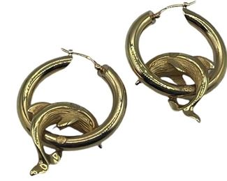 18K GOLD DOLPHIN HOOP PIERCED EARRINGS