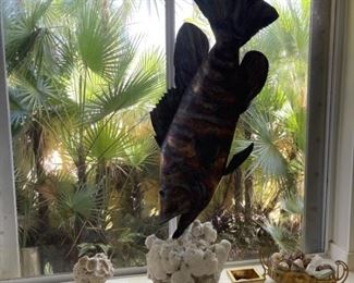 LARGE METAL FISH SCULPTURE MOUNTED ON CORAL