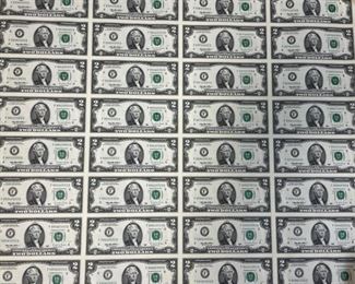 UNCIRCULATED SHEET $2 BILLS 1995 U.S. CURRENCY