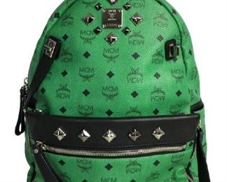 VTG MCM GREEN/BLACK VISETOS CANVAS STUDDED BACKPAC