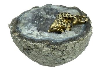 ENAMELED GOLD LEOPARD CUB IN CRYSTAL GEODE 5"