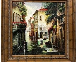 J. PALMER CITYSCAPE OIL PAINTING 41"
