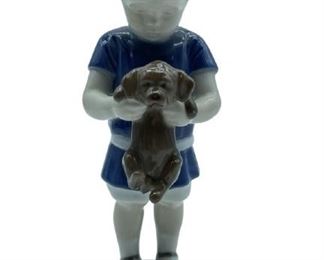 B & G COPENHAGEN BOY HOLDING DOG FIGURINE 1747 7"