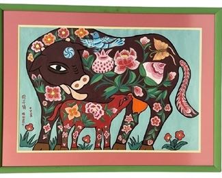 VINTAGE FOLK ART COW & CALF BLESSING PAINTING 37"