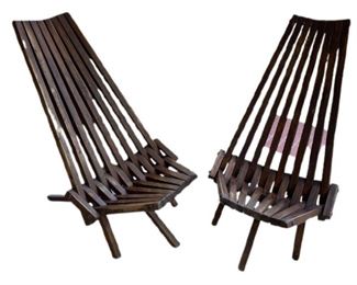 PAIR DANISH MODERN FOLDING DECK BEACH CHAIRS 41"