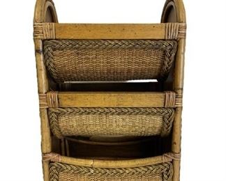 VINTAGE WICKER BAMBOO RATTAN 3 TIER PLANTER 28"