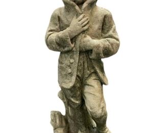 VINTAGE BOY W/ BLUSTERING JACKET STONE STATUE 29"