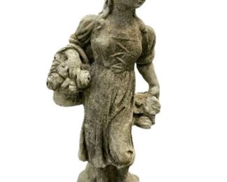 VINTAGE GIRL WITH BASKET OF FRUIT STONE STATUE 29"