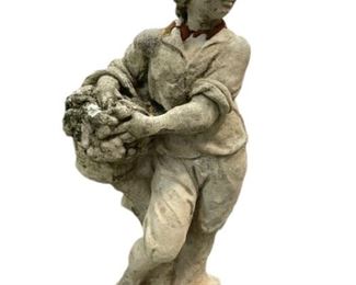 VINTAGE BOY WITH BASKET OF FRUIT STONE STATUE 29"