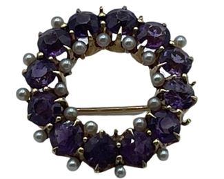 VTG AMETHYST AND PEARL BROOCH