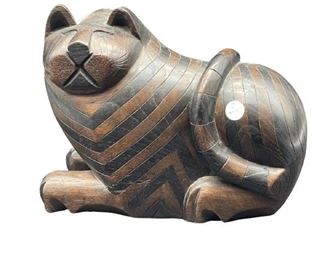 HANDCARVED WOODEN STRIPED CAT