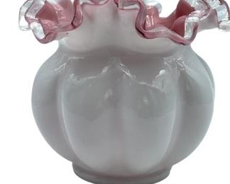VINTAGE FENTON PINK & WHITE GLASS VASE 7"