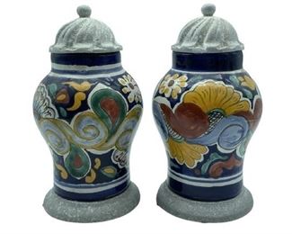 VINTAGE MEXICAN MAJOLICA STONEWARE LIDDED URNS 11"