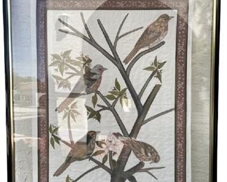 VTG ASIAN CHINOISERIE BIRD TEXTILE PAINTING 44"