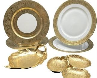 WHEELING SERVING DISHES & GOLD CHINA PLATES