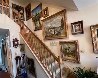 Many large framed printed paintings