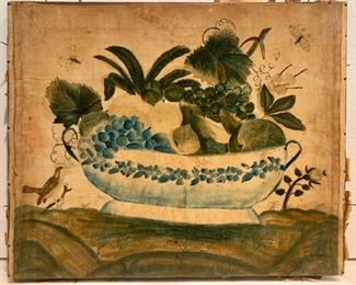 18th c Primitive Still Life Painting on Fabric. Unkown Artist