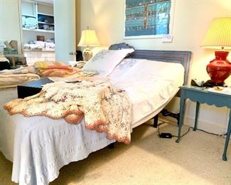 Adjustable Queen Bed with Vintage Pierre Deux Fabric Headboard & Dust Ruffle