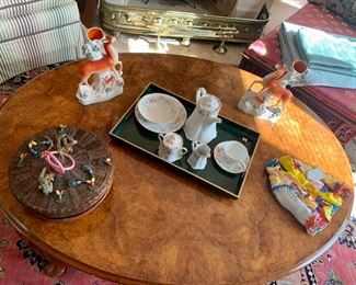 Oval Burled Wood Coffee Table, Chinese Sewing Basket