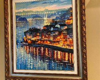 Daniel Wall Original oil on canvas signed in pigment. Porto City, Portugal. One of his few night scenes. 