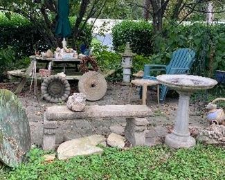 Lawn/ Patio Decor. Concrete Birdbath; Bench; Basket; Hexagon Shape Patio Table; Umbrella; Stones; Vintage Glider; Pots