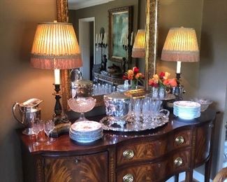Antique Bronze Candelabra Lamps with Hand Smoked Shades, Shumann Empress Flowers Salad Plates, Haviland Limoges Salad Plates,  Gilt Antique Mirror, Sheraton Style Mahogany Sideboard, Beautiful Silver Plate Ice Bucket 