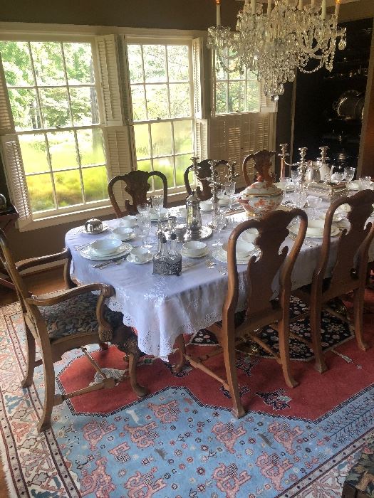 Bidjar Rug, Bench Carved Chippendale Style Chairs