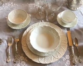 Wedgewood Country Ware White Cabbage China Large Set with Sevice pieces.   Francis 1 Sterling Flatware with Serving Pieces.  Elegant Wheelcut Stemware