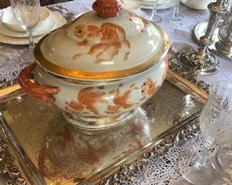19th Century Japanese Porcelain Tureen with Goldfish,  Wonderful Large Reed and Barton Silver Plate Tray