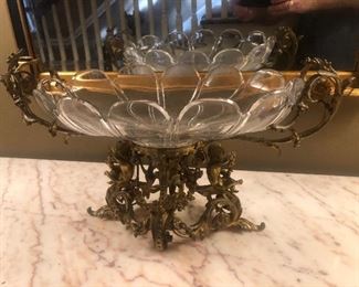 Antique French Bronze Centerpiece with Original Cut Glass  Bowl 