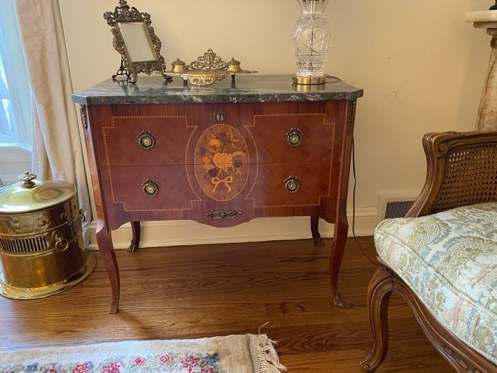 Marble-top marquetry chest