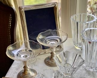Sterling frame & pair of sterling low candlesticks (compotes)