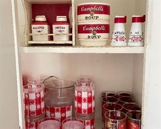 Glassware to take you from picnic to after party! Red/white checked vintage pitcher and glasses in 2 sizes, gold-rimmed, red/white/gold/black cocktail glasses, European red/white salt & pepper shaker, vintage Campbell's soup mugs, Vintage red/white spice cans with rack