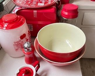 So many cool red/white vintage kitchenware -- notice the vintage glass Coca-Cola plates on top of the toaster oven. We have several vintage Coca-Cola pieces!