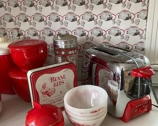 Amazing Kenmore vintage chrome/red toaster, glass/chrome drink shaker WITH RECIPES!, red ceramic bowls with lids, red/milk glass set of bowls