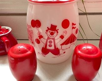 Vintage red/white milk glass cookie jar, vintage red salt/pepper shakers
