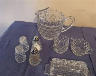 American Fostoria pitcher, sugar and creamer, butter dish and salt and pepper shakers