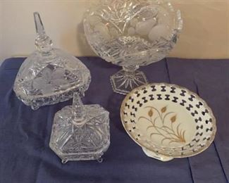 Large candy bowl and a variety of glass candy dishes
