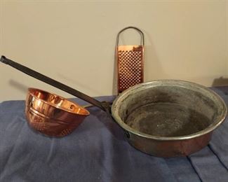 Antique Skillet with Copper Strainer and Grater