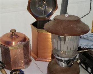 Copper canister set & vintage Coleman