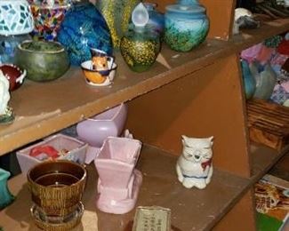 Variety of art glass and pottery