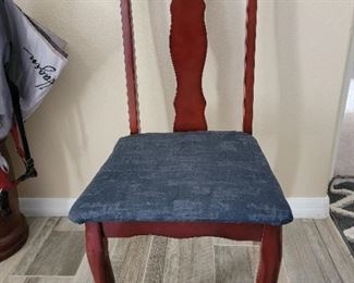 4 Wood dining chairs blue fabric seat $100