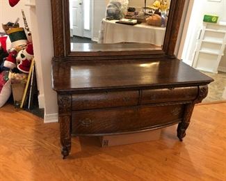 Incredible Tiger Oak dresser and mirror. Ornate carving.