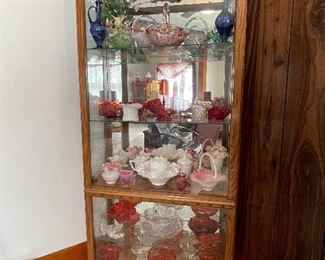 Oak look Curio Cabinet, Fenton Glass and other Decorative Glass pieces. All pieces sold separately.